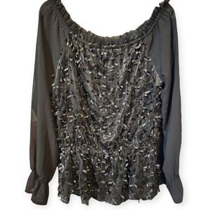 NWT American Glamour Badgley Mischka Semi Sheer Blouse W/ Ribbon Fringe Torso